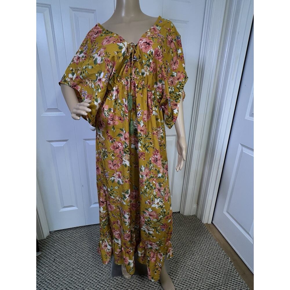 America & Beyonce Boho Floral Maxi Dress Mustard Yellow Open Back Front Flowy, L
